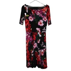 Marc Bouwer Dress Women' Size 10 Black Red Floral Poppy Photostat Midi Stretch